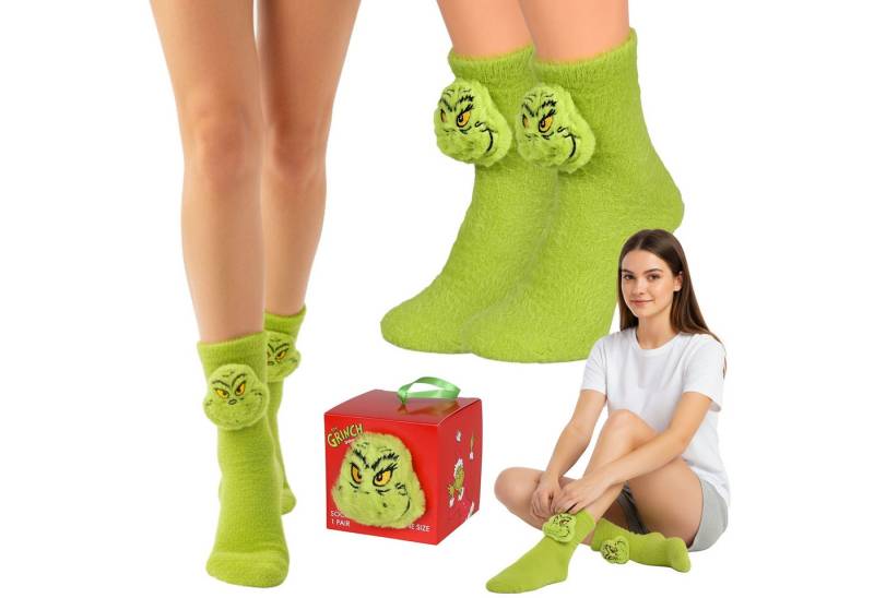 Sarcia.eu Haussocken Grinch Damen, warme Plüsch-Weihnachtssocken in Geschenkbox von Sarcia.eu