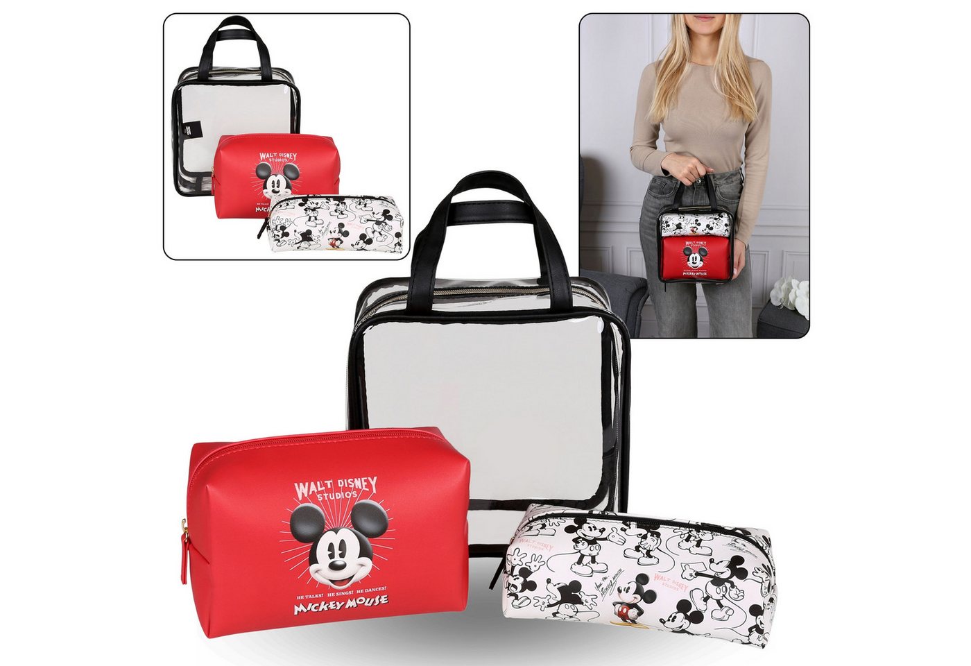 Sarcia.eu Kosmetiktasche Mickey Mouse Rot-weißes Kulturbeutel Set mit Reißverschluss, 3 Stück von Sarcia.eu