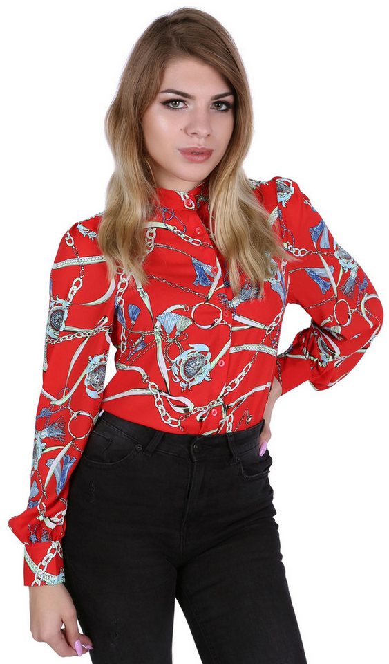 Sarcia.eu Langarmhemd Rotes Damenhemd mit Stehkragen mit modernem Ketten-Muster JOHN ZACK XL von Sarcia.eu