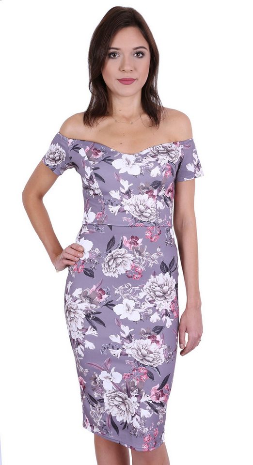 Sarcia.eu Midikleid John Zack Graues Kleid mit Blumen gemustert, schulterfrei L von Sarcia.eu