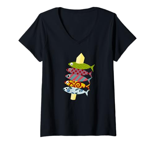 Damen Dekorative Spikes T-Shirt mit V-Ausschnitt Damen Dekorative Spikes T-Shirt mit V-Ausschnitt von Sardinas Espetos Sonia Pascual Illustrations