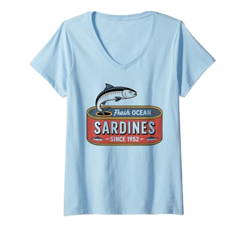Damen Frische Sardinen aus dem Meer Retro Seit 1952 Fischesser T-Shirt mit V-Ausschnitt Damen Frische Sardinen aus dem Meer Retro Seit 1952 Fischesser T-Shirt mit V-Ausschnitt von Sardinen-Dose Enthusiast Fischer Grafik