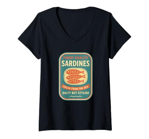 Damen Vintage Sardinendose salzig Aber stilvoll Fisch Meeresfrüchte Liebhaber T-Shirt mit V-Ausschnitt von Sardines Fresh Sea Apparel