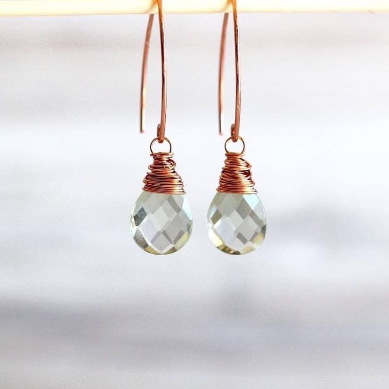 Grün Amethyst Ohrringe, Großer Prasiolith Edelstein Anhänger, Gold Rose Oder Silber, Offener Hoop von SaressaDesigns