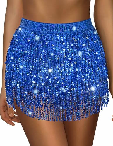 Paillettenrock funkelnder Rock Bauchtanzrock Glitzerrock Rave Sparkle Rock Pailletten Quaste Rock Fransen Hüftschal Damen, F Blau, Einheitsgröße von Sarfel