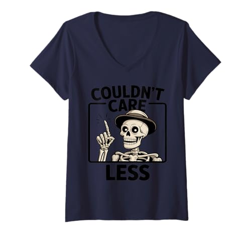 Damen Könnte Mir Nicht egaler Sein Sarkastischer Skelett-Humor Hal T-Shirt mit V-Ausschnitt Damen Könnte Mir Nicht egaler Sein Sarkastischer Skelett-Humor Hal T-Shirt mit V-Ausschnitt von Sarkasmus, schwarzer Humor, lustiges Skelett, Allt