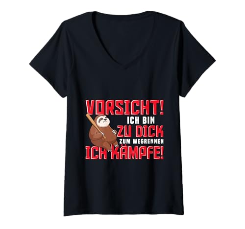 Damen Vorsicht Ich Bin Zu Dick Zum Wegrennen Ich Kämpfe T-Shirt mit V-Ausschnitt Damen Vorsicht Ich Bin Zu Dick Zum Wegrennen Ich Kämpfe T-Shirt mit V-Ausschnitt von Sarkasmus Selbstbewusstsein Dick & Stolz Motiv
