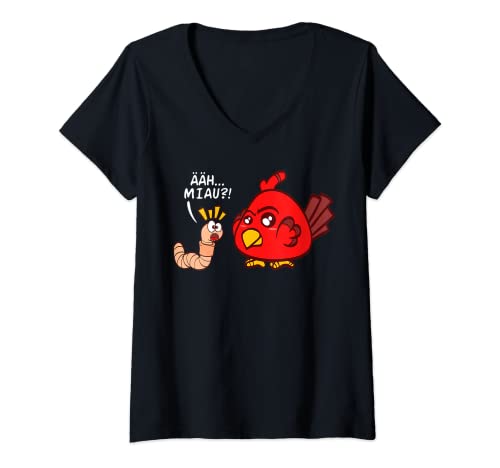 Damen Lustiges Vogel Wurm T-Shirt - Ähh Miau Regenwurm Vogel T-Shirt mit V-Ausschnitt von Sarkasmus und Ironie Vögel und Regenwurm