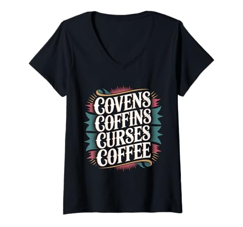 Damen Covens Coffins Curses Coffee Dunkler Sass - T-Shirt mit V-Ausschnitt Damen Covens Coffins Curses Coffee Dunkler Sass - T-Shirt mit V-Ausschnitt von Sarkastische Hexen -Koffein -Energie