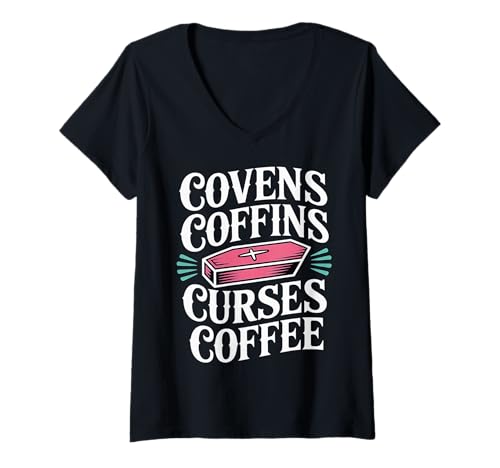 Damen Covens Coffins Curses Coffee Dunkler Sass |- T-Shirt mit V-Ausschnitt Damen Covens Coffins Curses Coffee Dunkler Sass |- T-Shirt mit V-Ausschnitt von Sarkastische Hexen -Koffein -Energie