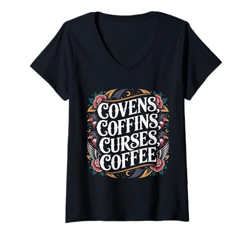 Damen Covens Coffins Curses Coffee Dunkler Sass - T-Shirt mit V-Ausschnitt Damen Covens Coffins Curses Coffee Dunkler Sass - T-Shirt mit V-Ausschnitt von Sarkastische Hexen -Koffein -Energie