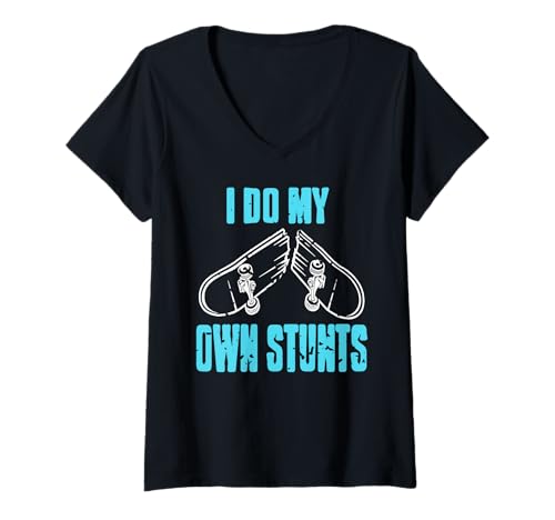 Damen Ich Mache Meine Stunts selbst – Schwerkraft egal T-Shirt mit V-Ausschnitt Damen Ich Mache Meine Stunts selbst – Schwerkraft egal T-Shirt mit V-Ausschnitt von Sarkastischer Humor für Skateboard-Fans