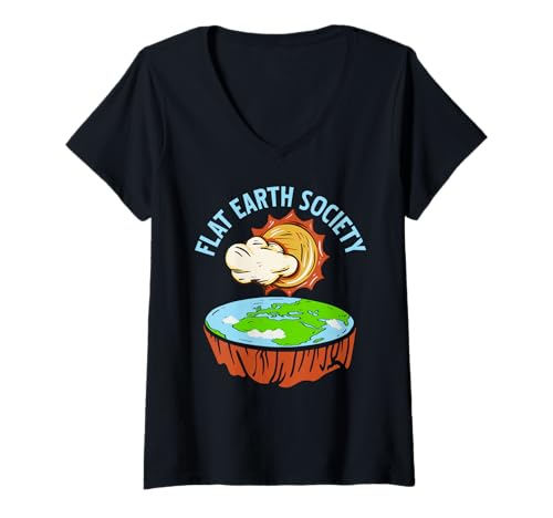 Damen Flache Erde Gesellschaft Witzige Parodie Theorie Fan T-Shirt mit V-Ausschnitt von Sarkastischer Planetenschwindel für Weltraumfreaks