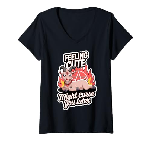 Damen Süße Dämonen Ziege Okkultes Pentagramm Witchcore T-Shirt mit V-Ausschnitt Damen Süße Dämonen Ziege Okkultes Pentagramm Witchcore T-Shirt mit V-Ausschnitt von Sarkastischer Satanisches Humor Geschenk