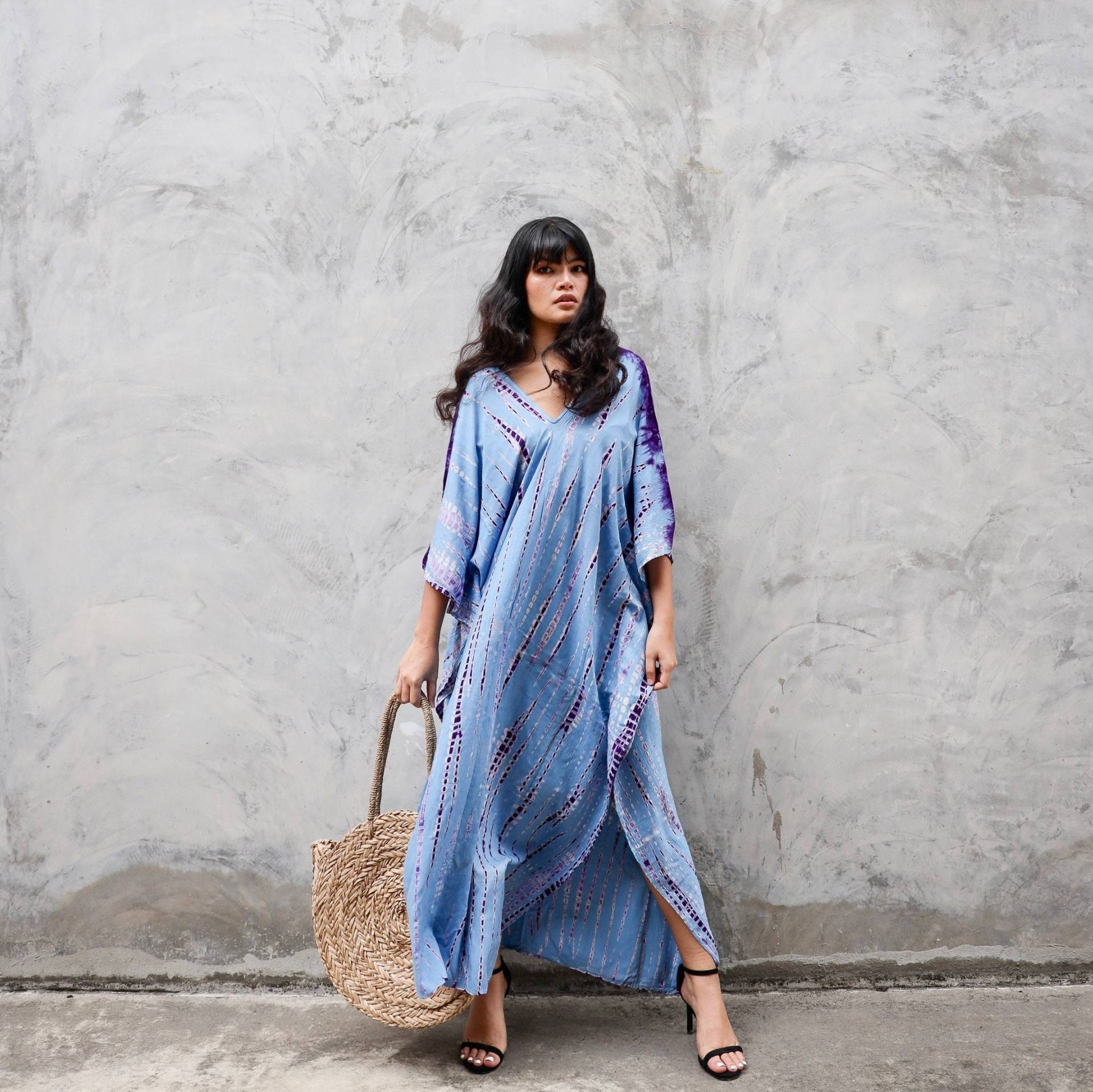 Blue Tie Dye Kaftan Kleid, Long Rayon Boho Für Frauen, Maxi Strand Cover Up Resort von SaronaLane