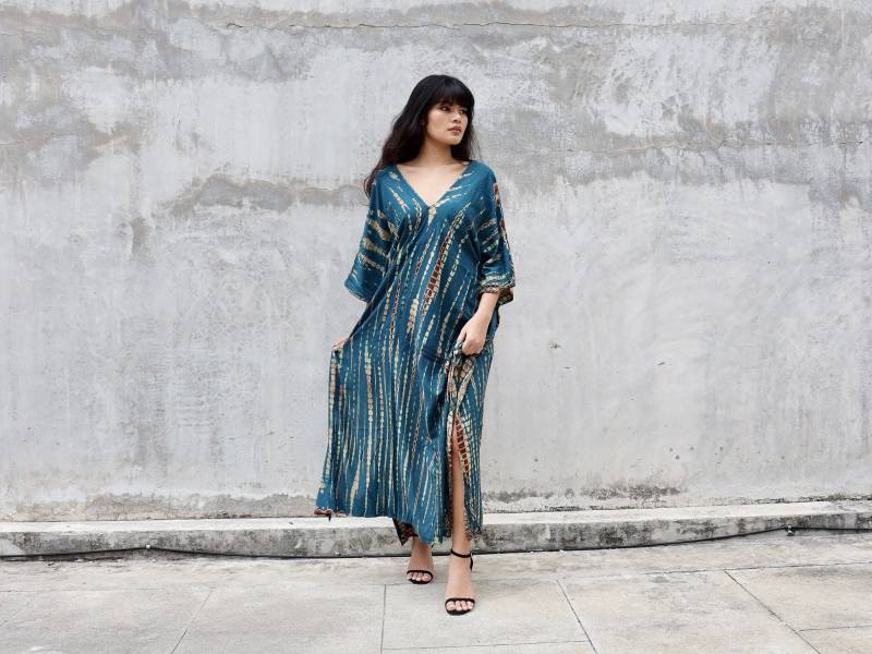 Teal Tie Dye Kaftan Kleid, Langes Rayon Boho Für Frauen, Maxi Strand Cover Up Resort Long von SaronaLane