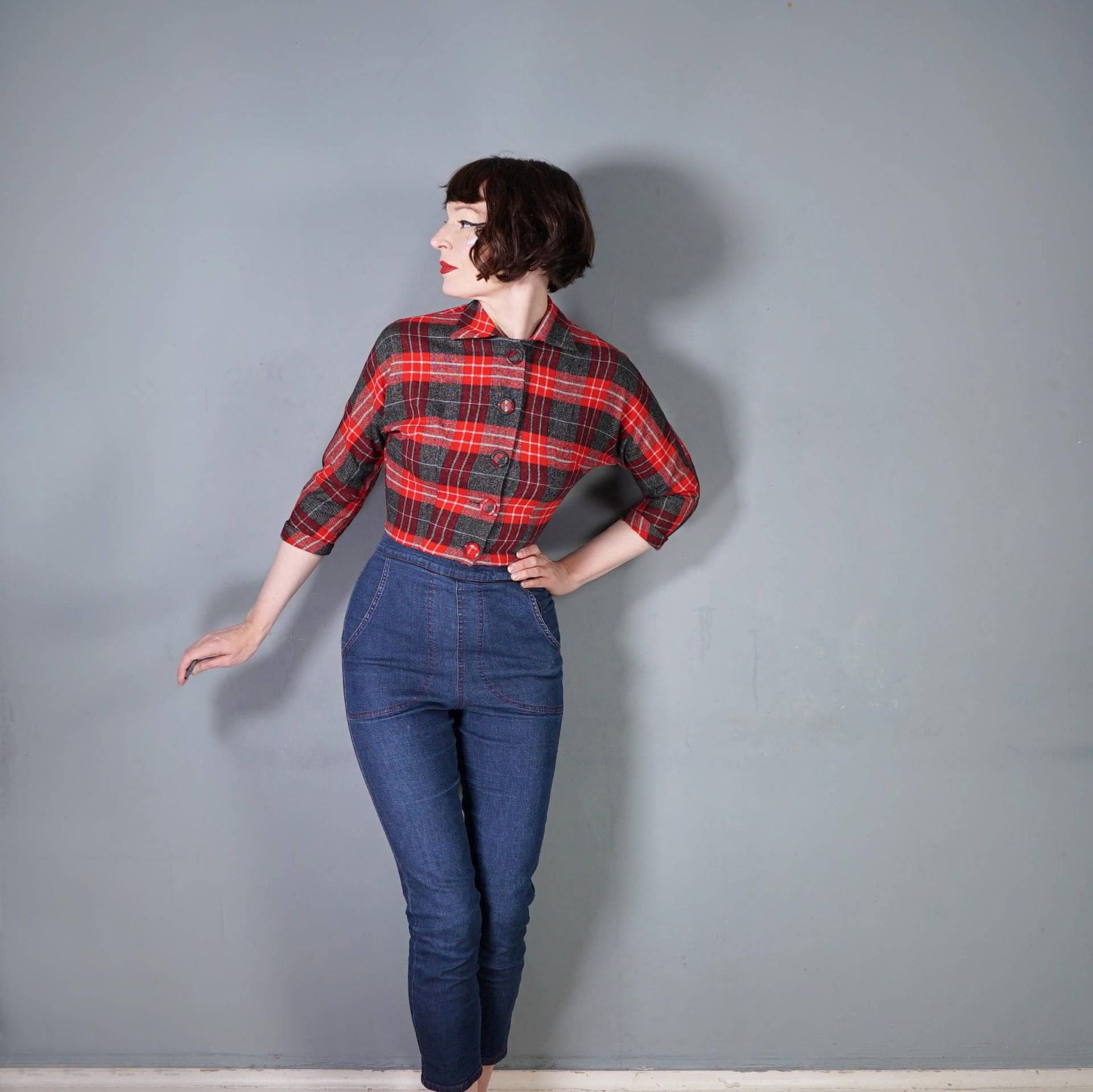 50Er 1950Er Jahre Collegian Sportswear Rot Grau Kariert Taillenlang Tartan Woll-Herbstjacke - Xs von SartorialMatters