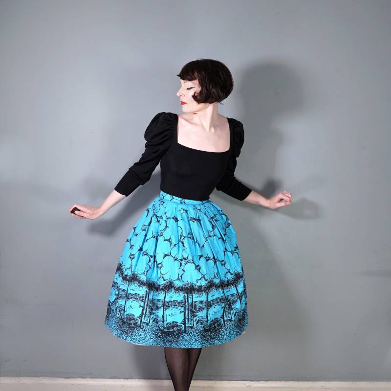 50Er Jahre Rock Mit Blau-Schwarzem Scenic Venice Gondel-Motiv - 61-65 cm von SartorialMatters