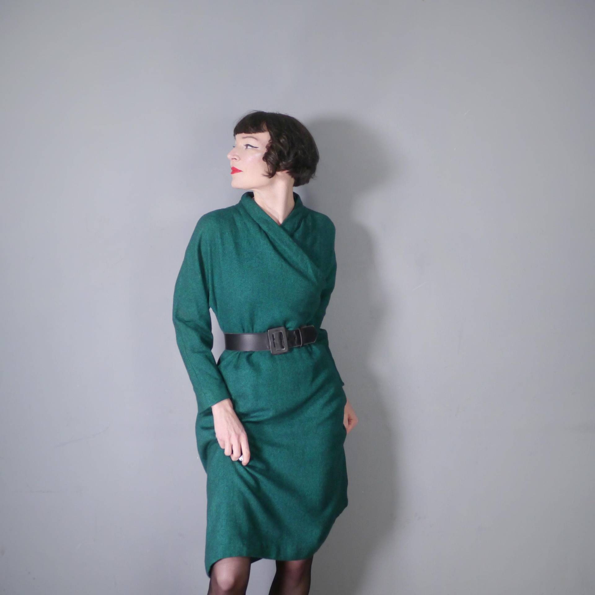 60S 1960S Dunkles Smaragdgrüns Woll Herbst/Winter Kleid Mit Wrap Over Mieder Und Langen Ärmeln - M von SartorialMatters