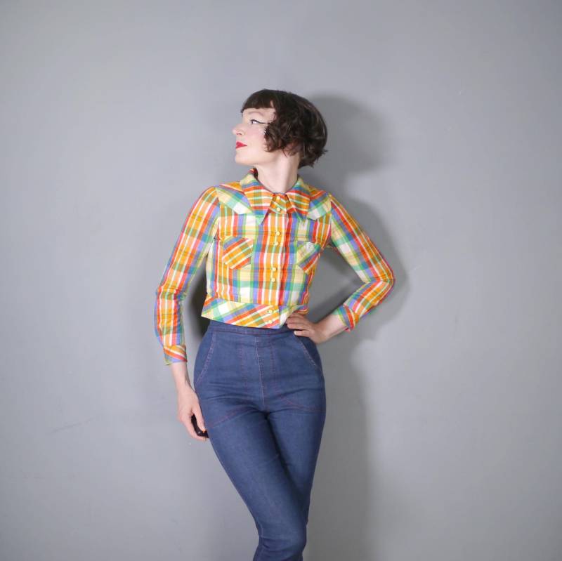 70Er 1970Er Jahre Bunte Jacke Mit Regenbogenkaro - Helle Pastelljacke Karomuster Xs von SartorialMatters