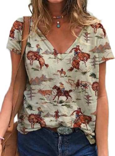 Sasens Damen Western Kaktus Pferd V-Ausschnitt T-Shirts Tops Vintage Muster T-Shirt Neuheit Kurzarm T-Shirt Top, Stil 7, Groß Sasens Damen Western Kaktus Pferd V-Ausschnitt T-Shirts Tops Vintage Muster T-Shirt Neuheit Kurzarm T-Shirt Top, Stil 7, Groß von Sasens