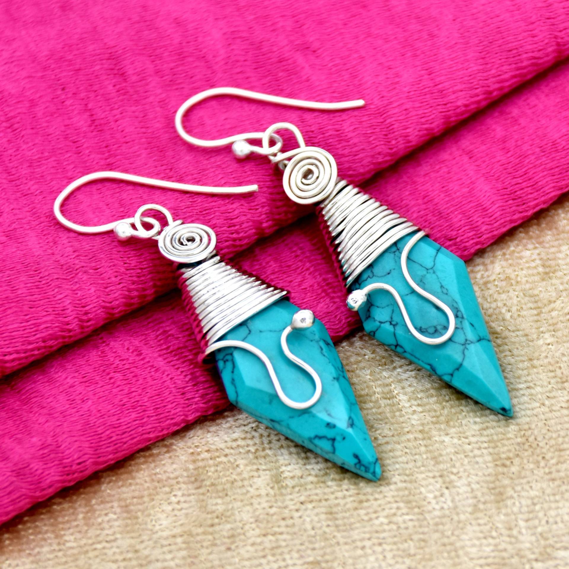 Blauer Türkis Ohrringe, 925 Sterling Silber, Handgemachte Silberdraht Wrap Ohrring, Boho Statement Perfektes Geschenk Für Sie von SasilverGems