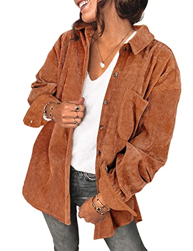 Saslax Damen Cordhemd Langarm Oversize Knopfleiste V-Ausschnitt Blusen Tops Lose Casual Jacke mit Taschen, A-Burnt Oranage, X-Groß von Saslax