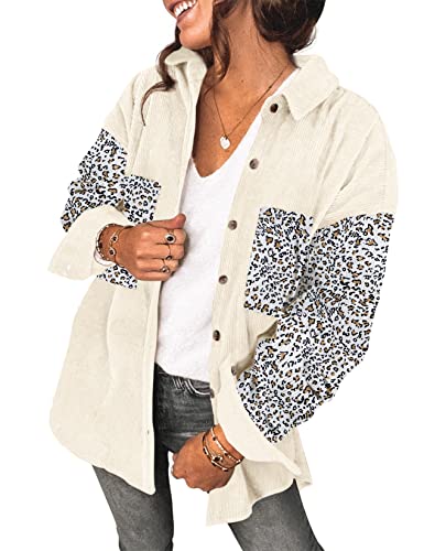 Saslax Damen Cordhemd Langarm Oversize Knopfleiste V-Ausschnitt Blusen Tops Lose Casual Jacke mit Taschen, B-beige, Mittel von Saslax