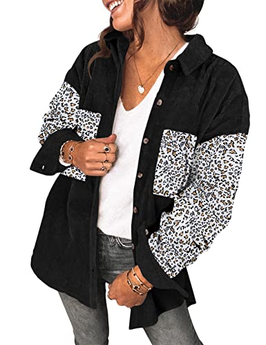 Saslax Damen Cordhemd Langarm Oversize Knopfleiste V-Ausschnitt Blusen Tops Lose Casual Jacke mit Taschen, B-schwarz, Mittel von Saslax