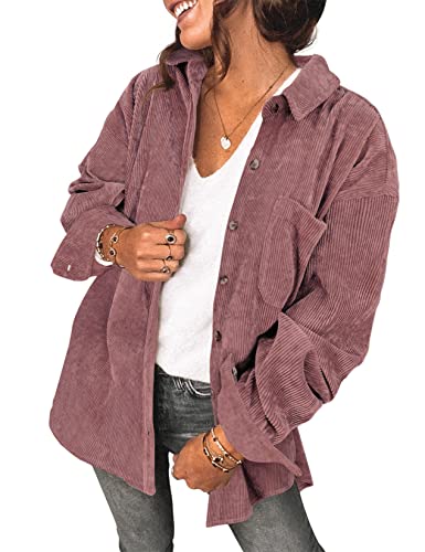 Saslax Damen Cord-Hemd, langärmelig, übergroß, Knopfleiste, V-Ausschnitt, Blusen, Tops, lockere Shacket-Jacke, A-mauve, Klein von Saslax