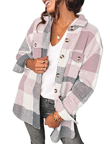 Saslax Damen Cordhemd Langarm Oversized Button Up V Ausschnitt Blusen Tops Lose Shacket Jacke, C-kariert, Pink, XX-Large von Saslax