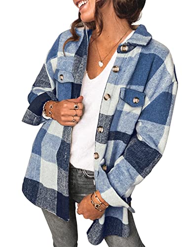 Saslax Damen Cordhemd Langarm Oversized Button Up V Ausschnitt Blusen Tops Lose Shacket Jacke, C-kariert, blau, Mittel Saslax Damen Cordhemd Langarm Oversized Button Up V Ausschnitt Blusen Tops Lose Shacket Jacke, C-kariert, blau, Mittel von Saslax