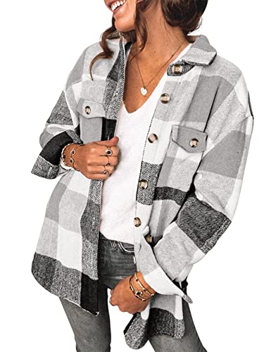 Saslax Damen Cordhemd Langarm Oversized Button Up V Ausschnitt Blusen Tops Lose Shacket Jacke, C-kariert, grau, XX-Large von Saslax