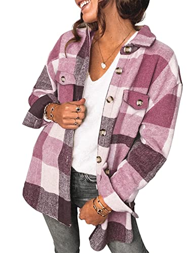 Saslax Damen Cord-Hemd, langärmelig, übergroß, Knopfleiste, V-Ausschnitt, Blusen, Tops, lockere Shacket-Jacke, C-kariert, Rot, Klein von Saslax