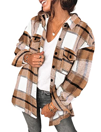 Saslax Damen Cordhemd Langarm Oversized Button Up V Ausschnitt Blusen Tops Lose Shacket Jacke, D-kariert, apricot, X-Groß von Saslax