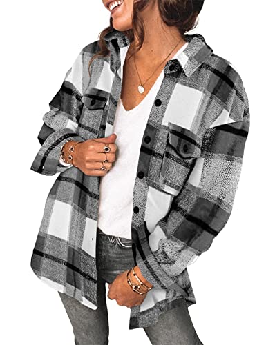 Saslax Damen Cordhemd Langarm Oversized Button Up V Ausschnitt Blusen Tops Lose Shacket Jacke, D-kariert, grau, Mittel Saslax Damen Cordhemd Langarm Oversized Button Up V Ausschnitt Blusen Tops Lose Shacket Jacke, D-kariert, grau, Mittel von Saslax