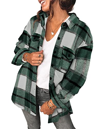 Saslax Damen Cordhemd Langarm Oversized Button Up V Ausschnitt Blusen Tops Lose Shacket Jacke, D-kariert, grün, XX-Large von Saslax