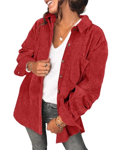 Saslax Damen Cordhemd Langarm Oversized Knopfleiste V-Ausschnitt Blusen Tops Lose Shacket Jacke, rot (a), Mittel von Saslax