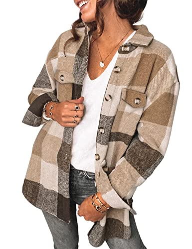 Saslax Damen-Flanellhemden, übergroß, langärmelig, kariert, lässig, Herbst, Knopfleiste, Jacke, Oberteil mit Tasche, Khaki, Größe XL, Khaki Saslax Damen-Flanellhemden, übergroß, langärmelig, kariert, lässig, Herbst, Knopfleiste, Jacke, Oberteil mit Tasche, Khaki, Größe XL, Khaki von Saslax