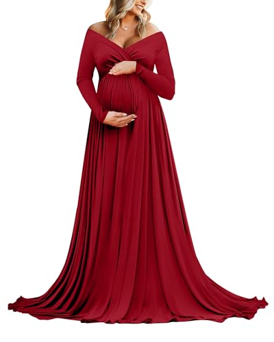 Saslax Schulterfreies Umstandskleid mit halbem Kreis für Babyparty Foto Requisiten Kleid, 1#-Burgunderrot 162, XX-Large von Saslax