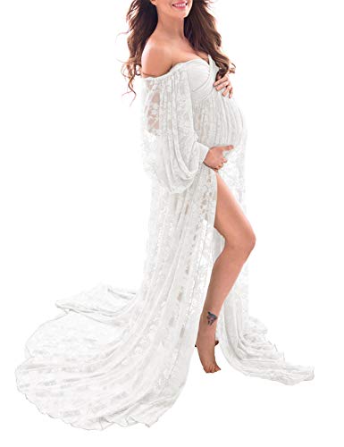 Saslax Weiches, dehnbares Spitzenkleid aus Schulterfrei, doppelt geteilter A-Linien-Rock, Schwangerschaftskleid, Maxikleid für Fotoshootings, Weiß, Mittel von Saslax