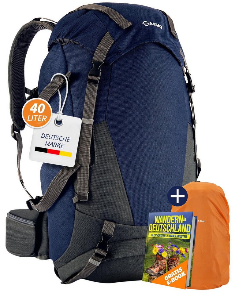 Sasmo Wanderrucksack 40l + 5l Mit Kontaktrücken, Isoliertes Frontfach & Kulturbeutel, Damen + Schuhfach, Herren - Inkl. Regenschutz von Sasmo