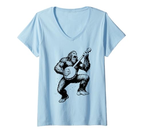 Damen Sasquatch Banjo Player Bigfoot Bluegrass Grassquatch T-Shirt mit V-Ausschnitt Damen Sasquatch Banjo Player Bigfoot Bluegrass Grassquatch T-Shirt mit V-Ausschnitt von Sasquatch Garage