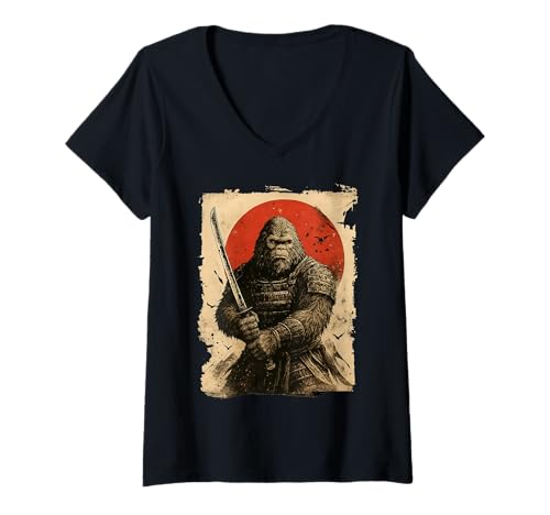 Damen Bigfoot Samurai Japanisches Schwert Sasquatch T-Shirt mit V-Ausschnitt von Sasquatch Katana Japanisch Japan Vintage Anime