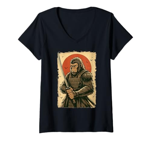 Damen Bigfoot Samurai Japanisches Schwert Sasquatch T-Shirt mit V-Ausschnitt von Sasquatch Katana Japanisch Japan Vintage Anime