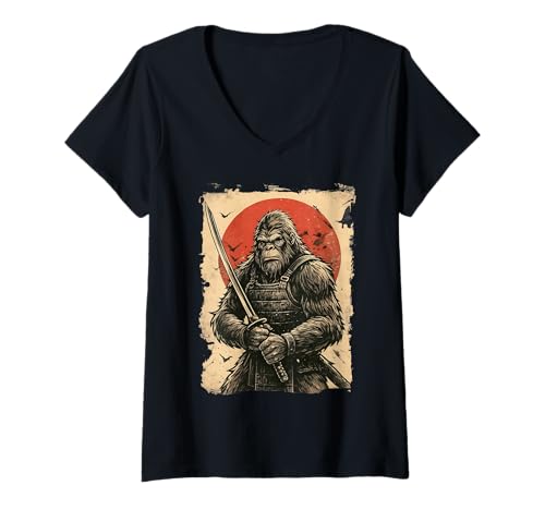 Damen Bigfoot Samurai Japanisches Schwert Sasquatch T-Shirt mit V-Ausschnitt von Sasquatch Katana Japanisch Japan Vintage Anime