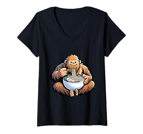 Damen Lustiges Sasquatch-T-Shirt für Food-Liebhaber von Bigfoot Eating Ramen Noodles T-Shirt mit V-Ausschnitt Damen Lustiges Sasquatch-T-Shirt für Food-Liebhaber von Bigfoot Eating Ramen Noodles T-Shirt mit V-Ausschnitt von Sasquatch Noodle Lover Fun Apparel for Foodies