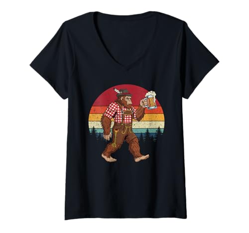 Damen Cool German Bigfoot Oktoberfest Beer Lederhosen Prost Man T-Shirt mit V-Ausschnitt Damen Cool German Bigfoot Oktoberfest Beer Lederhosen Prost Man T-Shirt mit V-Ausschnitt von Sasquatch Oktoberfest Retro Sonnenuntergang Design