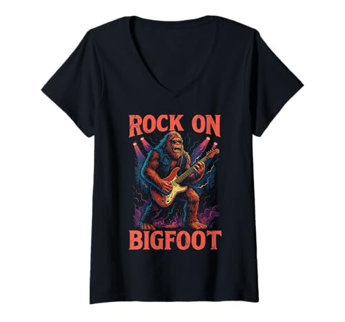 Damen Bigfoot E-Gitarre Rock On Sasquatch Band Musik Lustig T-Shirt mit V-Ausschnitt von Sasquatch Rock Legends