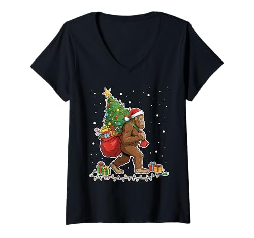 Damen Bigfoot Sasquatch Weihnachtsbaum Familie Winter Urlaub T-Shirt mit V-Ausschnitt von Sasquatch Winter Celebration